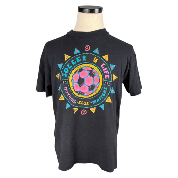 Fruit of the Loom Other - Vintage 90s Soccer Is Life Graphic T-Shirt Black Short Sleeve Unisex Large